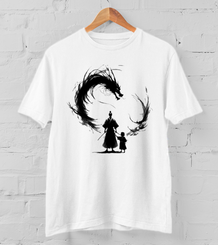 Samurai And Son With Black Dragon Circle T-Shirt
