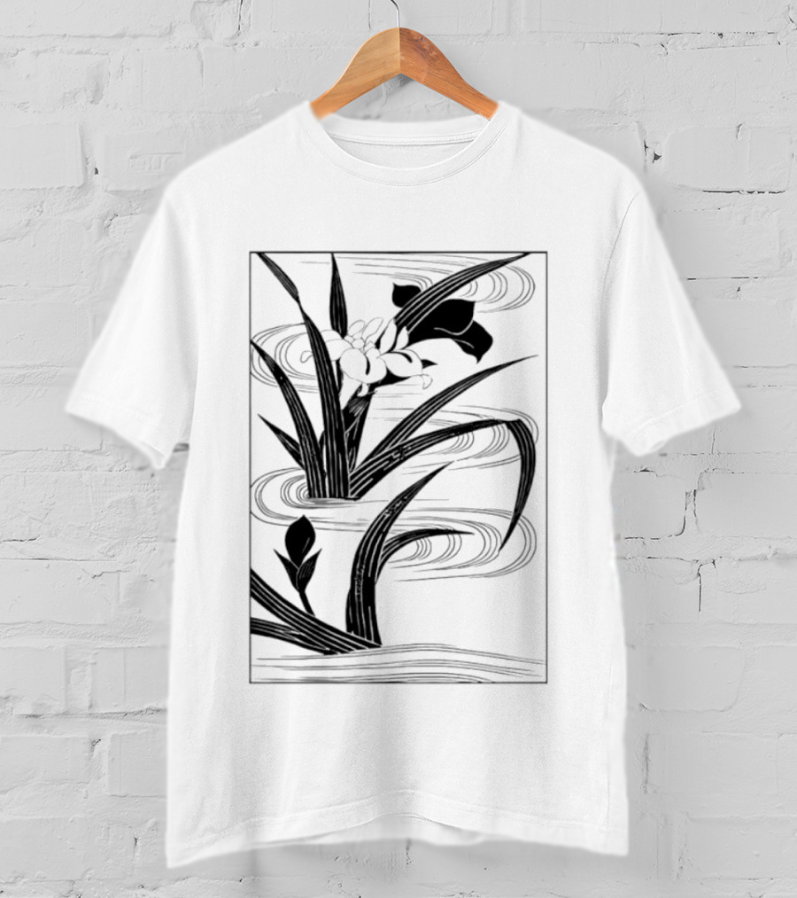 Japanese Black And White Irises In Water With Flowing Waves T-Shirt
