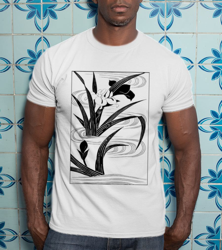 Japanese Black And White Irises In Water With Flowing Waves T-Shirt