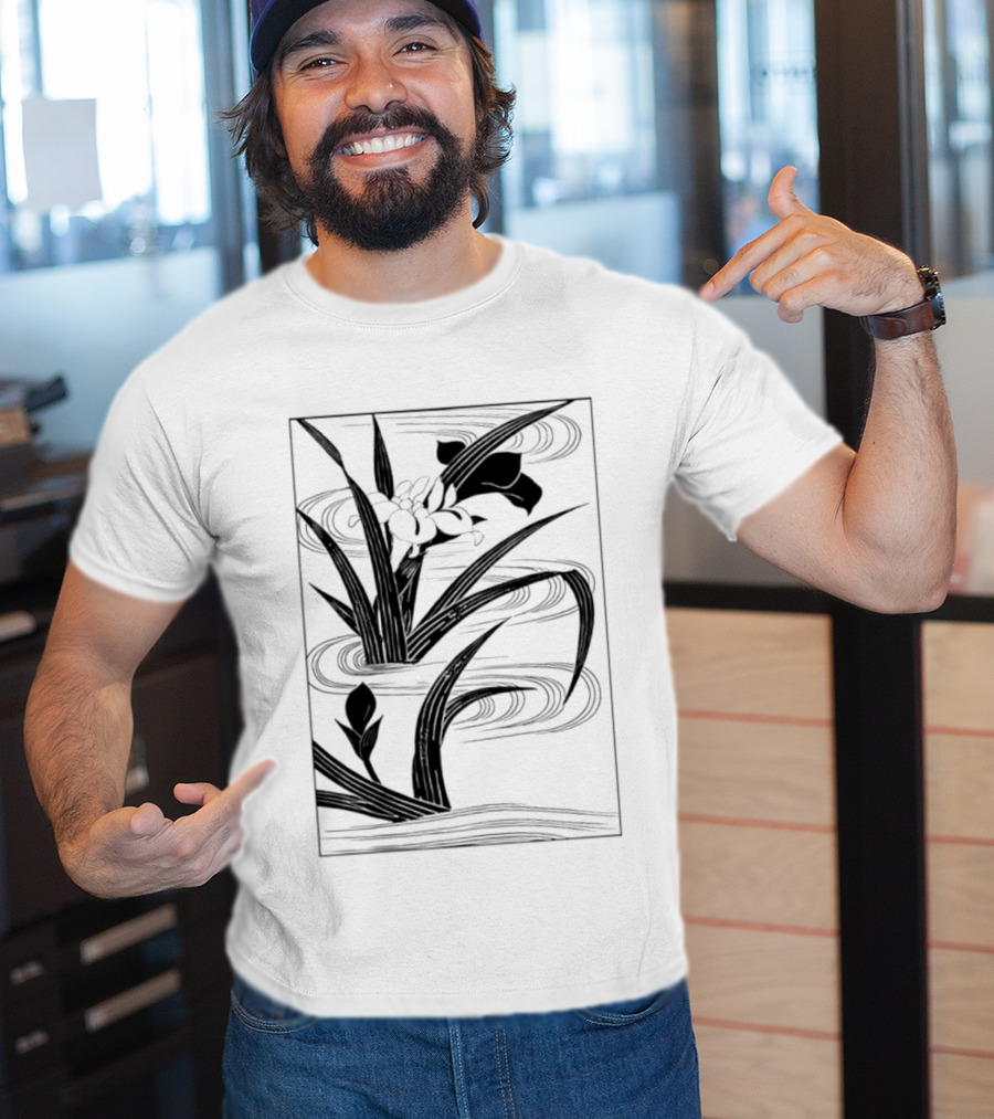 Japanese Black And White Irises In Water With Flowing Waves T-Shirt