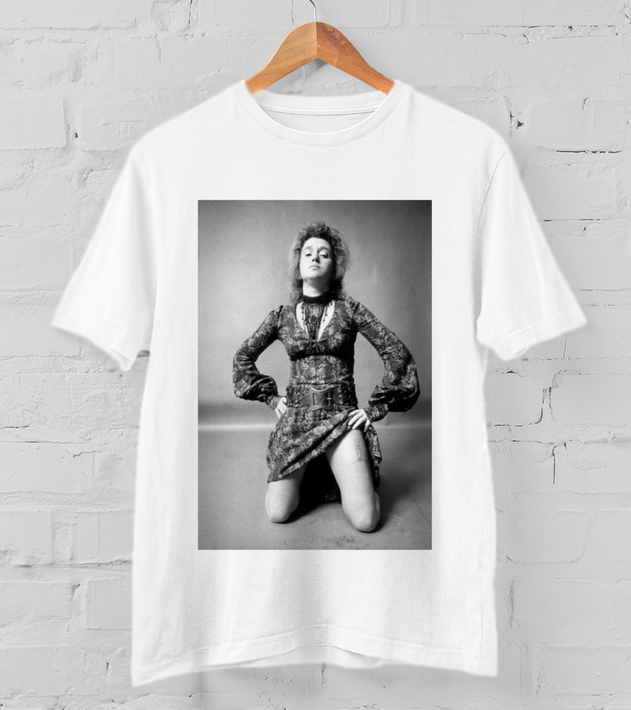 Valie Export Iconic Performance Tribute Kneeling Image With Patterned Dress And Belt T-Shirt