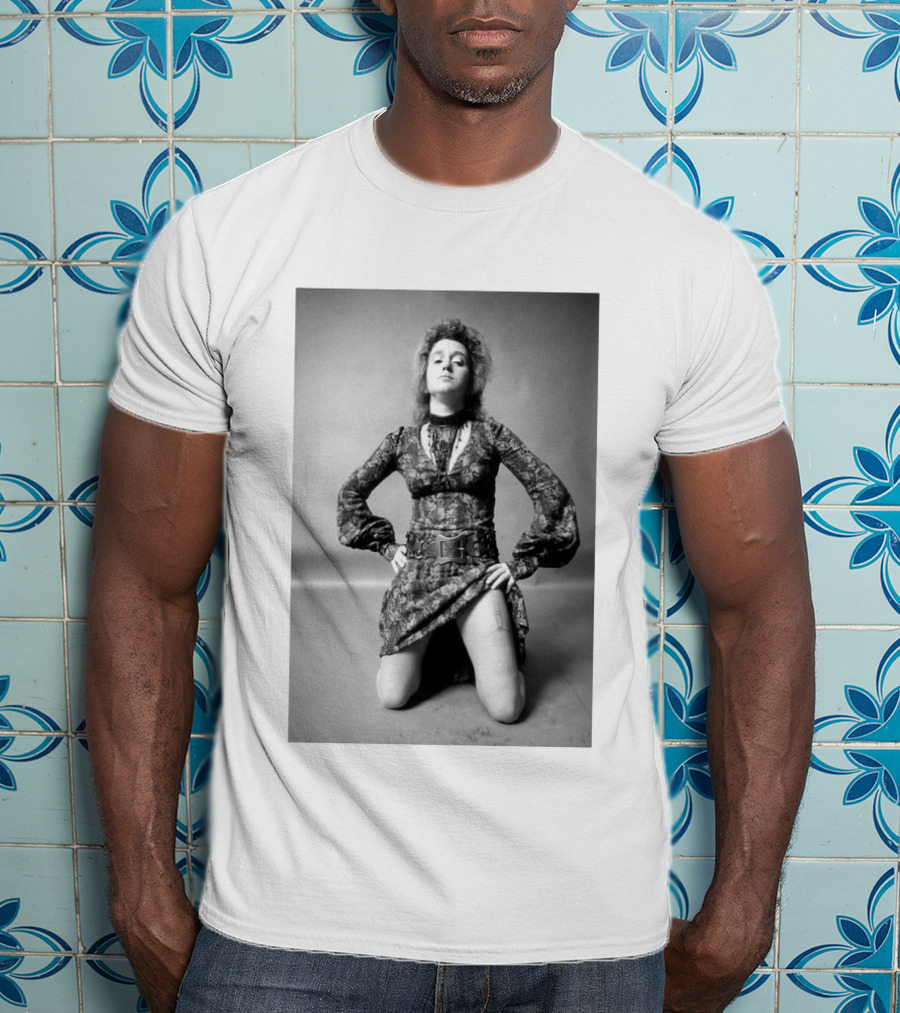 Valie Export Iconic Performance Tribute Kneeling Image With Patterned Dress And Belt T-Shirt
