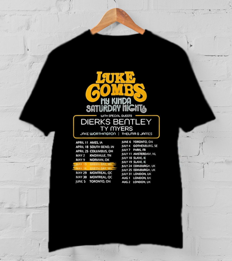 Luke Combs My Kinda Saturday Night Tour 2026 Green Bay Featuring Dierks Bentley T-Shirt