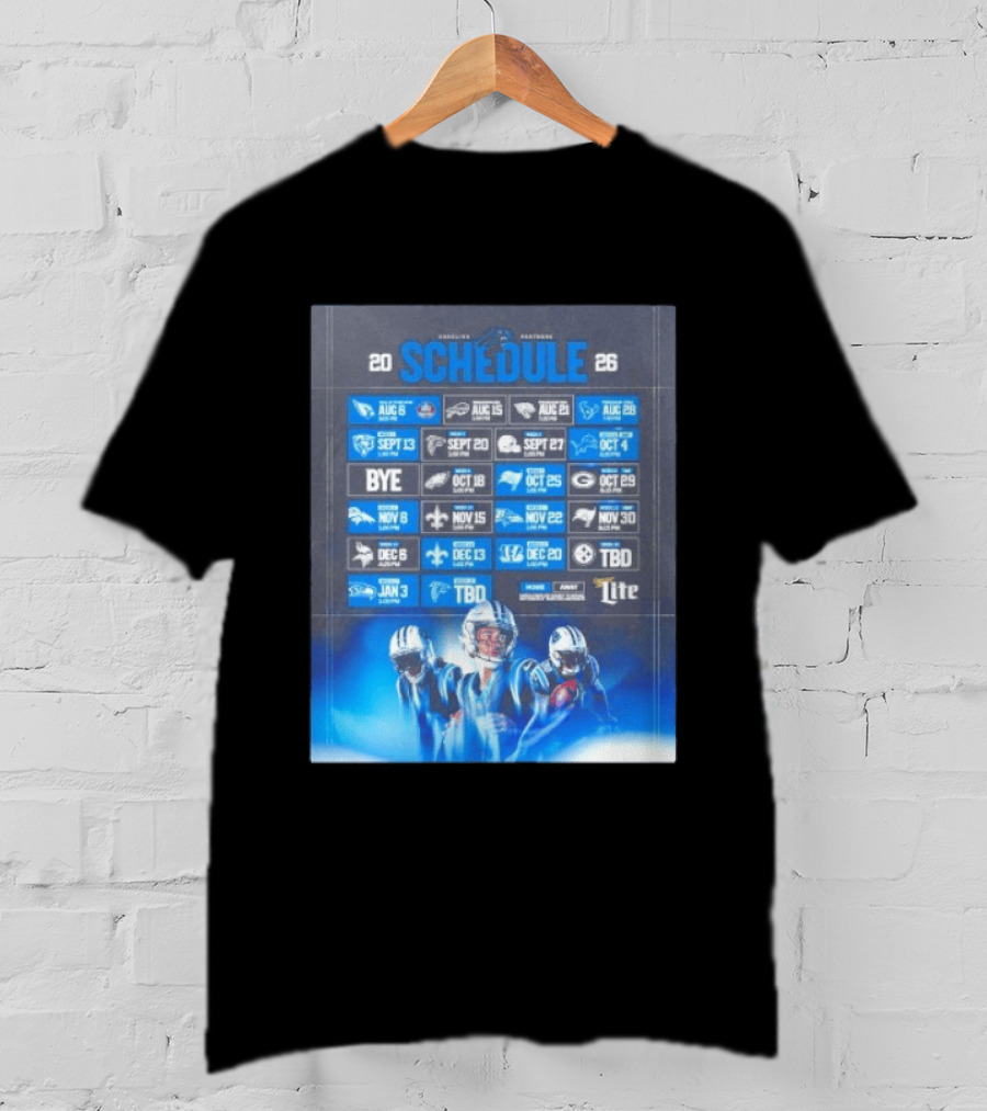 Carolina Panthers 2026 Game Schedule With Player Imagery And Opponent Logos T-Shirt