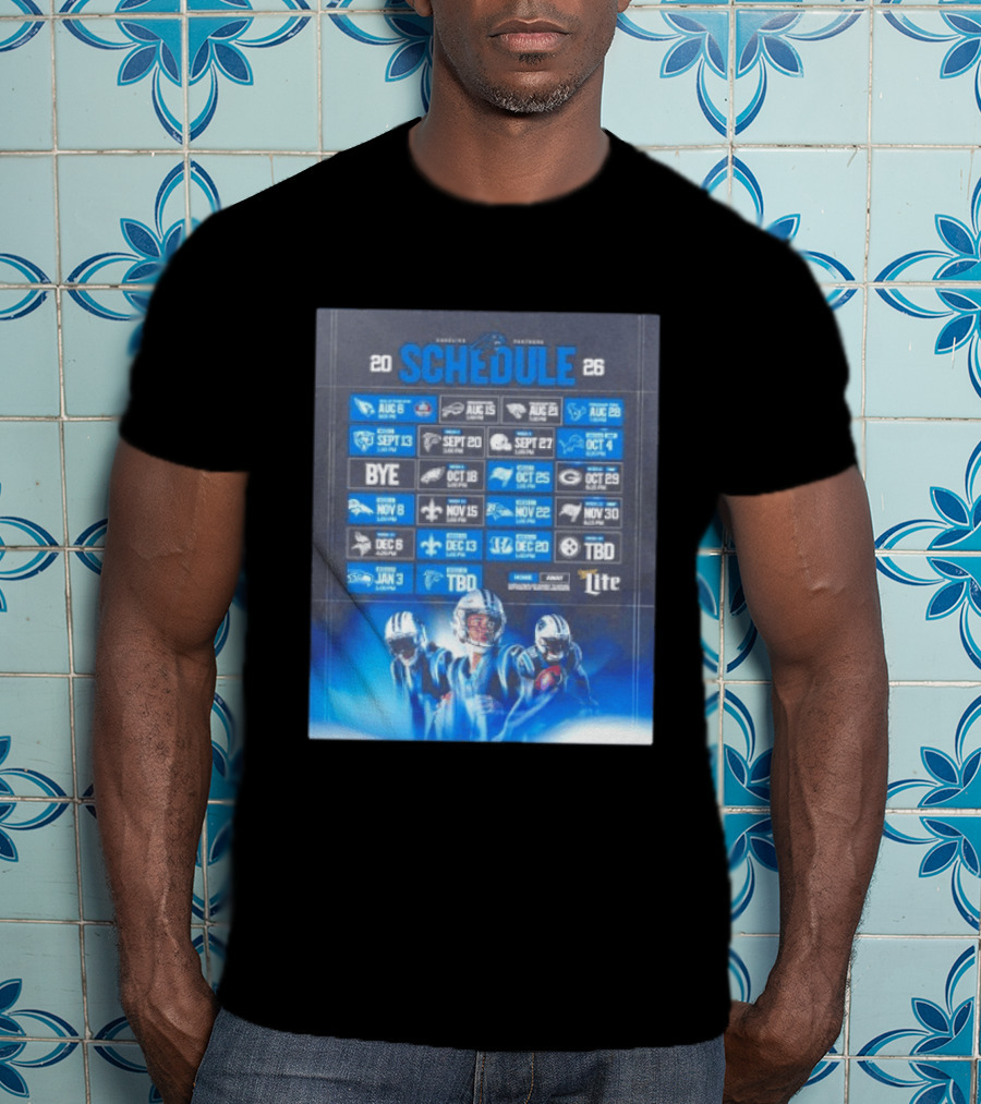 Carolina Panthers 2026 Game Schedule With Player Imagery And Opponent Logos T-Shirt