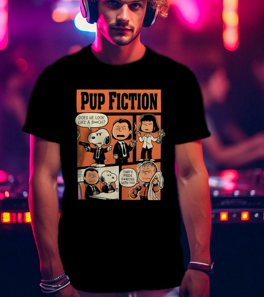Pup Fiction Peanuts And Pulp Fiction Characters Mashup T-Shirt