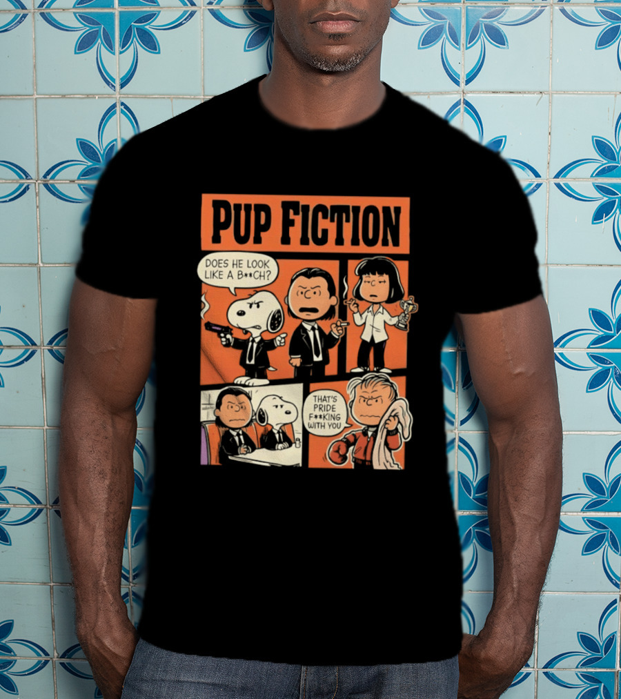 Pup Fiction Peanuts And Pulp Fiction Characters Mashup T-Shirt
