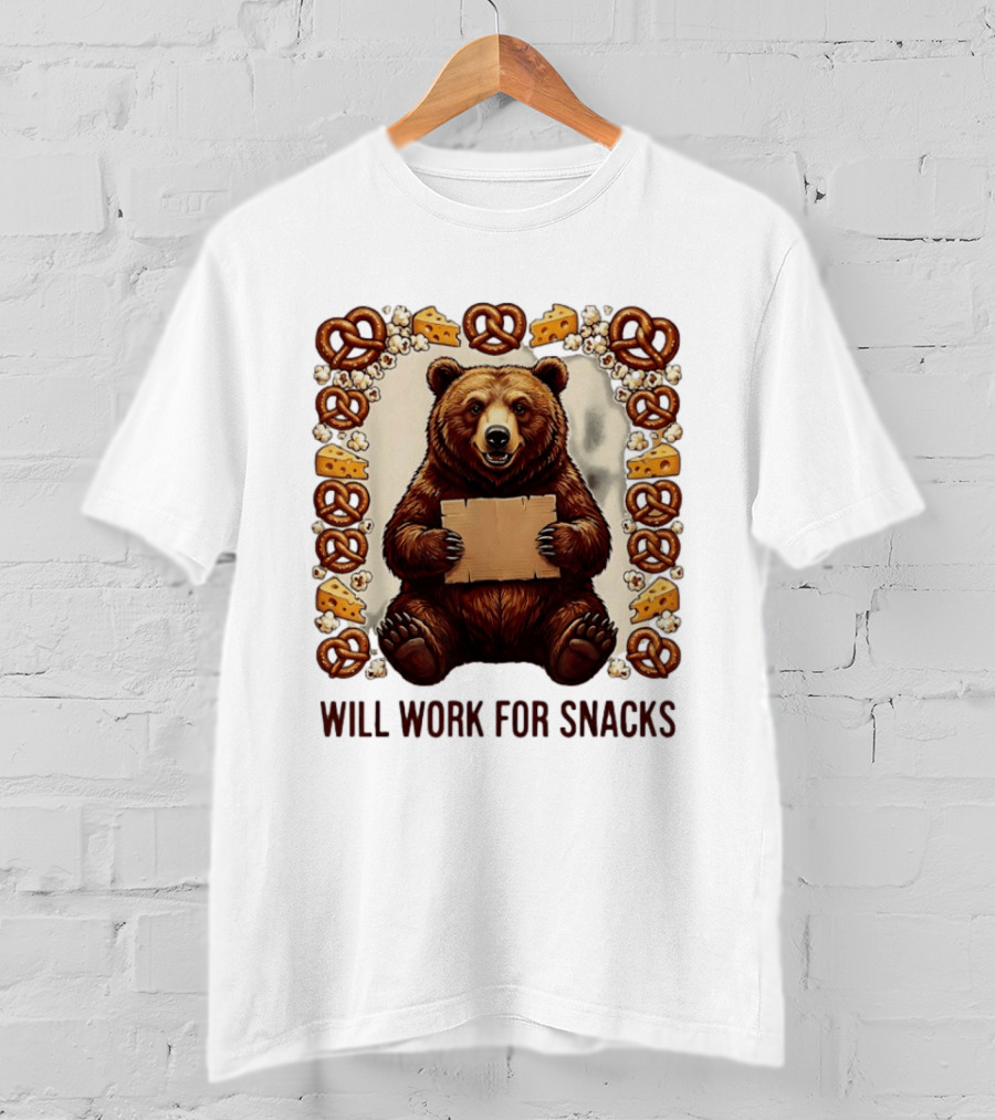 Bear Holding Cardboard Surrounded By Pretzels Cheese Popcorn Will Work For Snacks T-Shirt