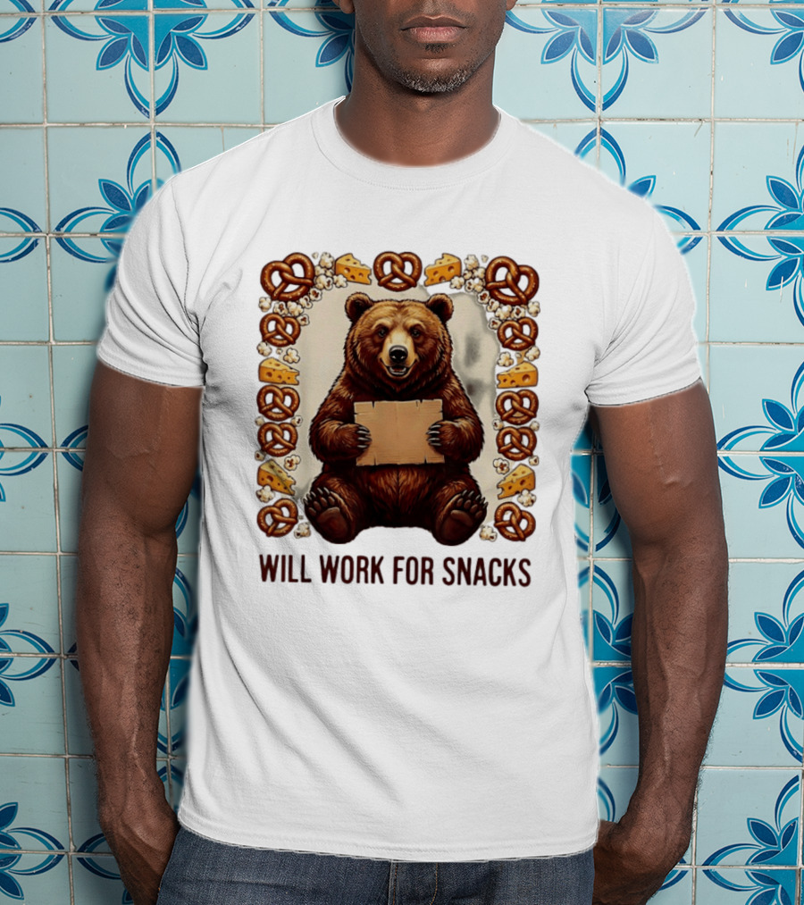 Bear Holding Cardboard Surrounded By Pretzels Cheese Popcorn Will Work For Snacks T-Shirt