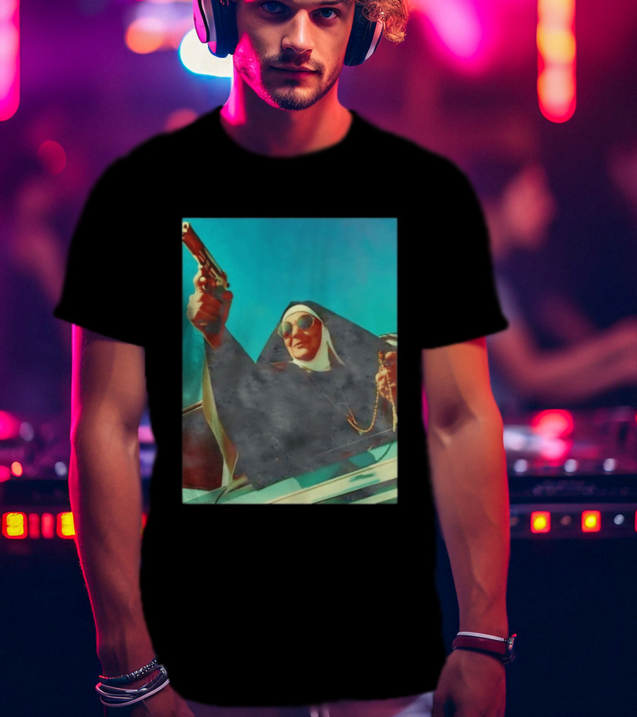 Nun In Black Habit Leaning Out Lowrider With Gun And Rosary T-Shirt