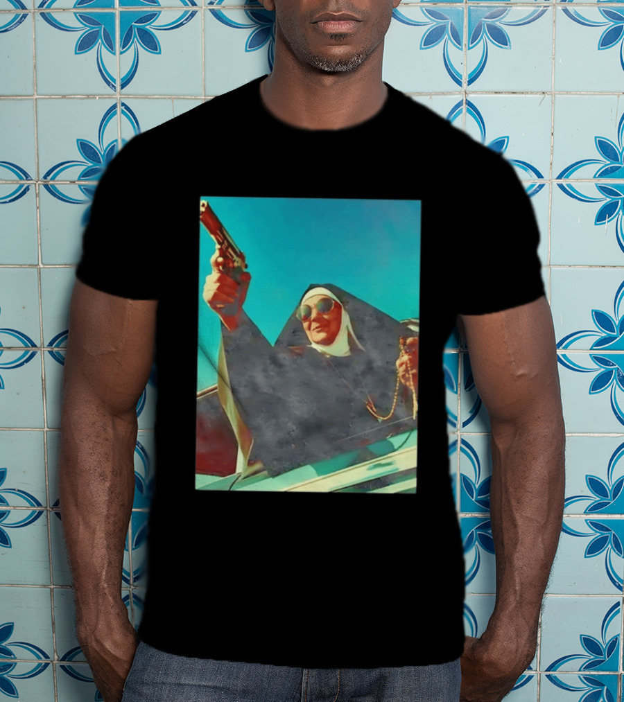 Nun In Black Habit Leaning Out Lowrider With Gun And Rosary T-Shirt
