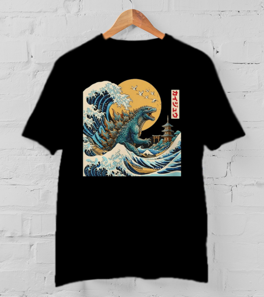 Kaiju Wave Monster Japanese Kawaki Kanji Pagoda Ukiyo E T-Shirt