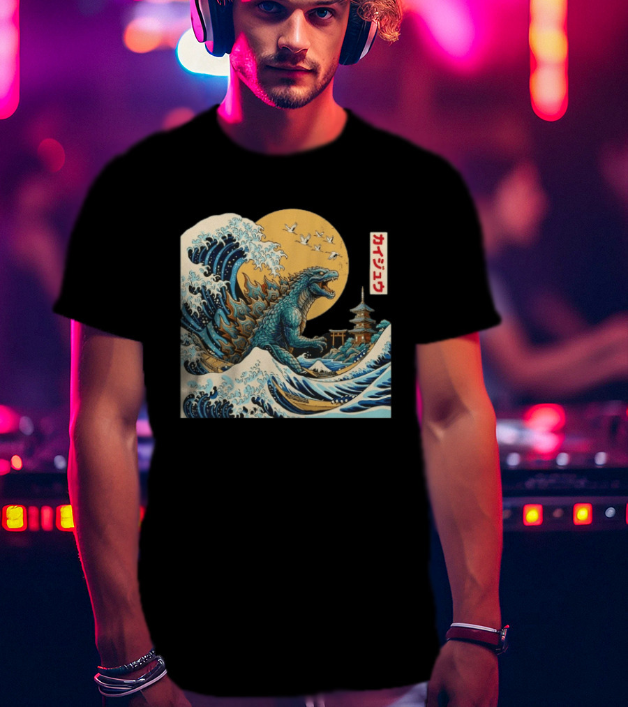 Kaiju Wave Monster Japanese Kawaki Kanji Pagoda Ukiyo E T-Shirt
