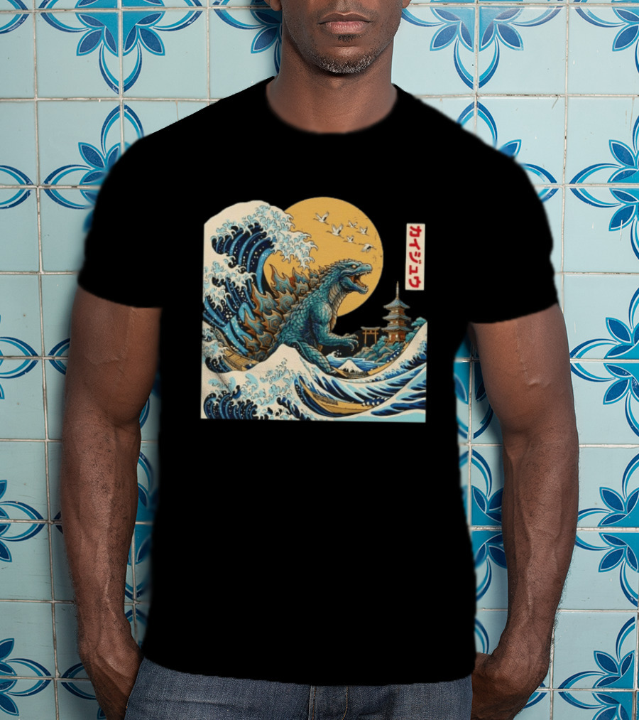 Kaiju Wave Monster Japanese Kawaki Kanji Pagoda Ukiyo E T-Shirt