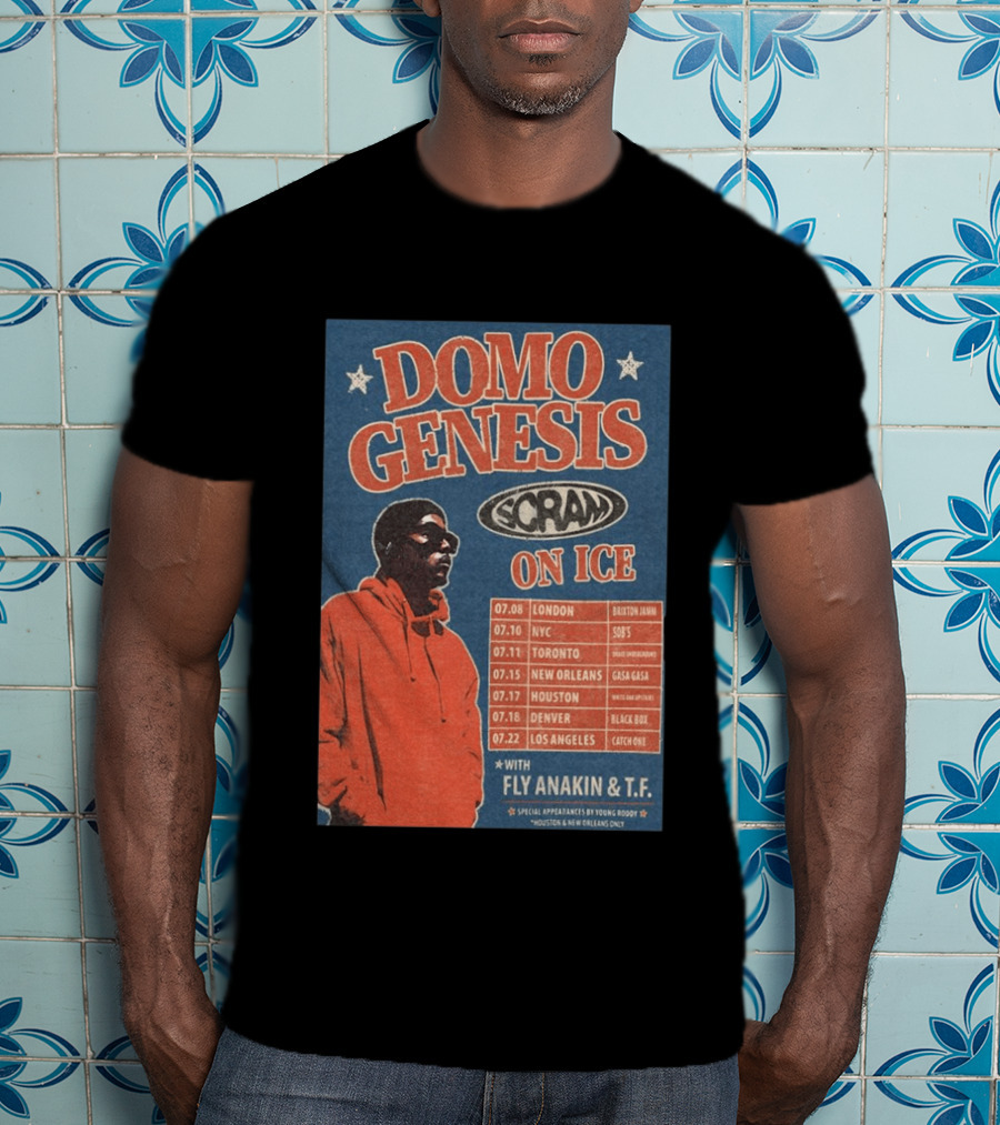 Domo Genesis Scram On Ice World Tour 2026 With Fly Anakin And T.F. London NYC Toronto New Orleans Houston Denver Los Angeles T-Shirt
