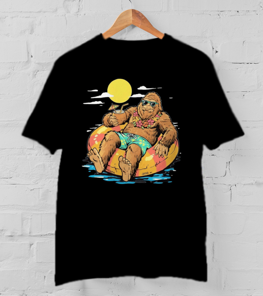 Bigfoot Lounging With A Cocktail In Tropical Beach Getaway Scene T-Shirt