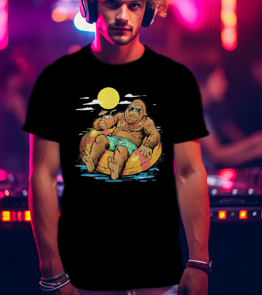 Bigfoot Lounging With A Cocktail In Tropical Beach Getaway Scene T-Shirt