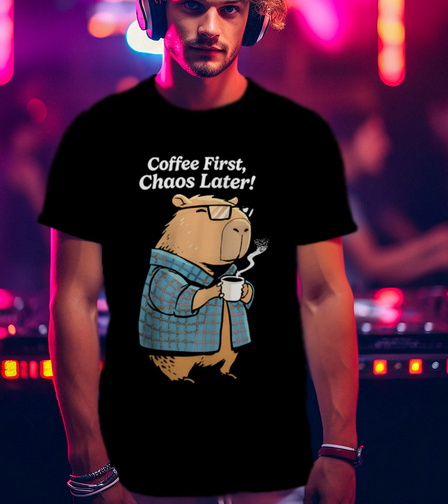 Coffee First Chaos Later Capybara In Plaid With T-Shirt