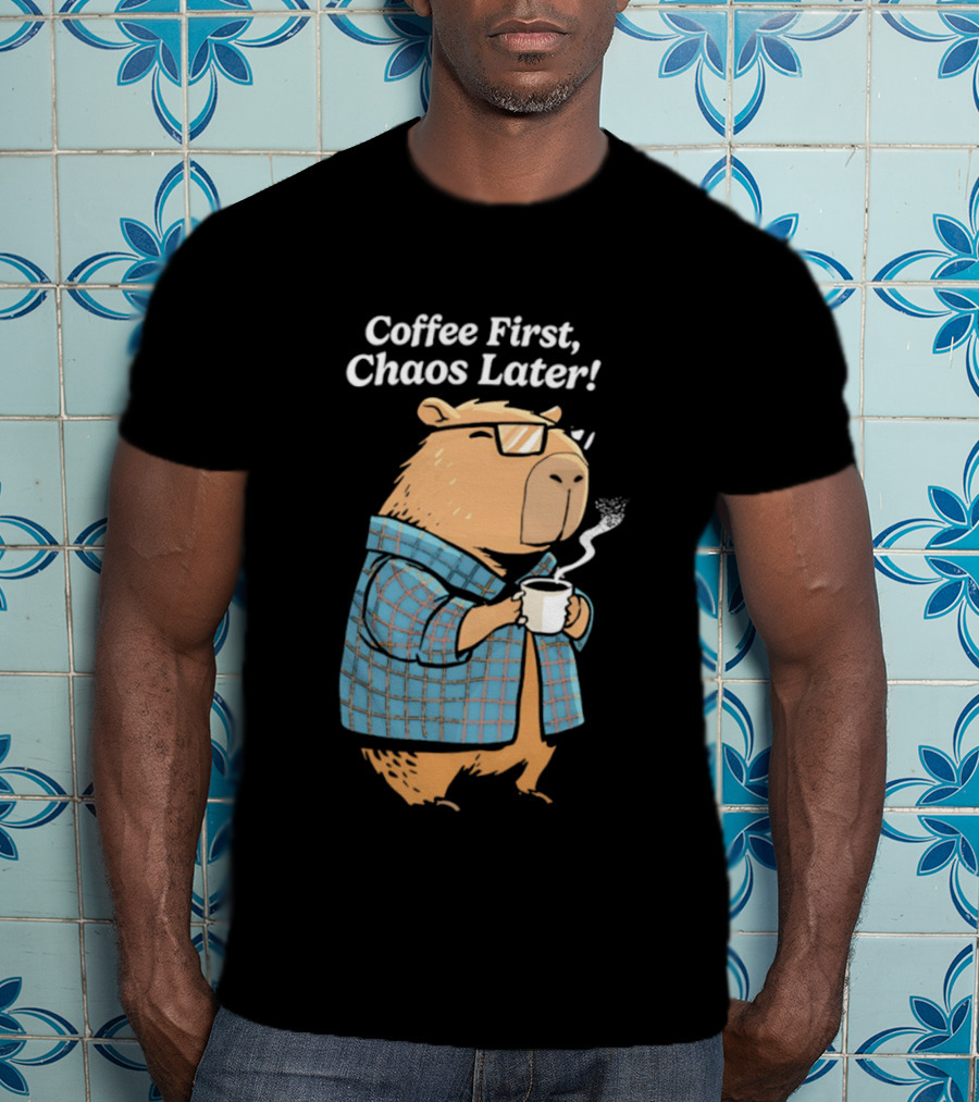 Coffee First Chaos Later Capybara In Plaid With T-Shirt