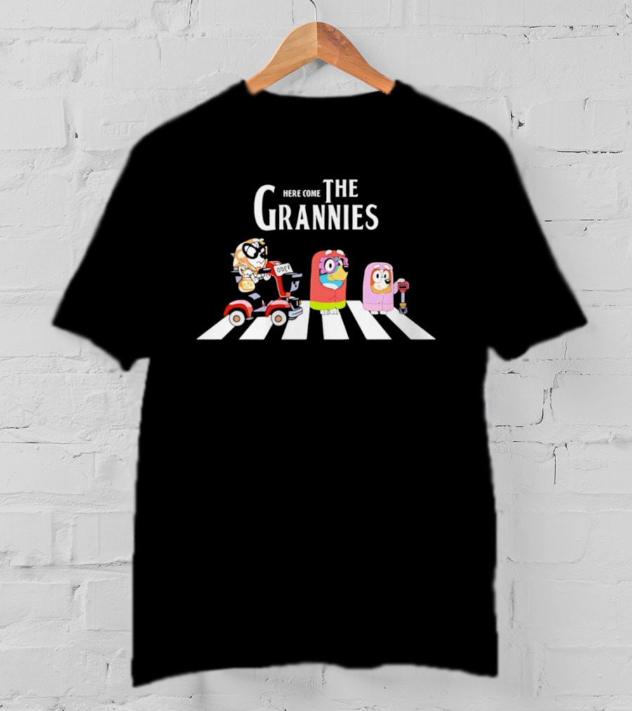 Here Come The Grannies Funny Cartoon Characters On Crosswalk With Electric Scooter T-Shirt