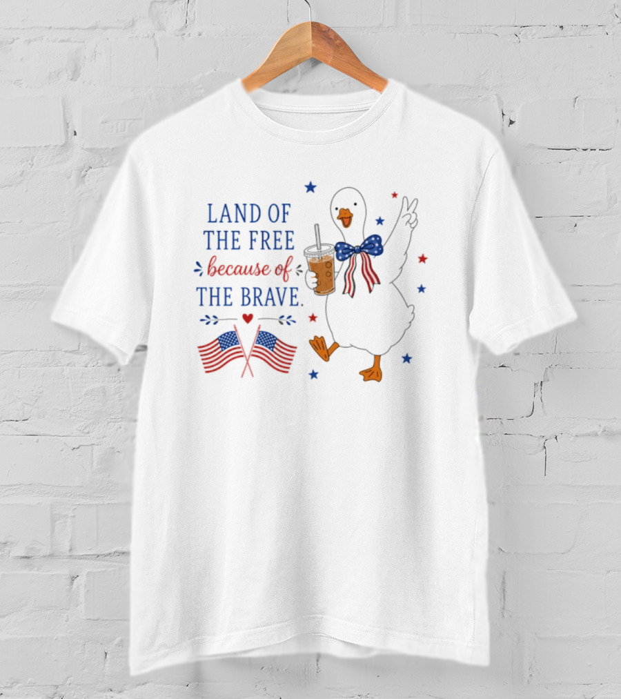 Land Of The Free Because Of The Brave Duck With Flags And Bubble Tea T-Shirt