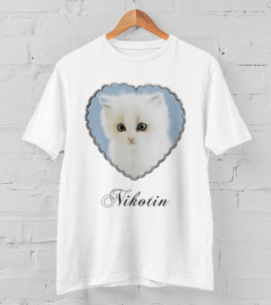 Nikotin Kitten Heart Cute White Cat In Blue Heart Frame T-Shirt