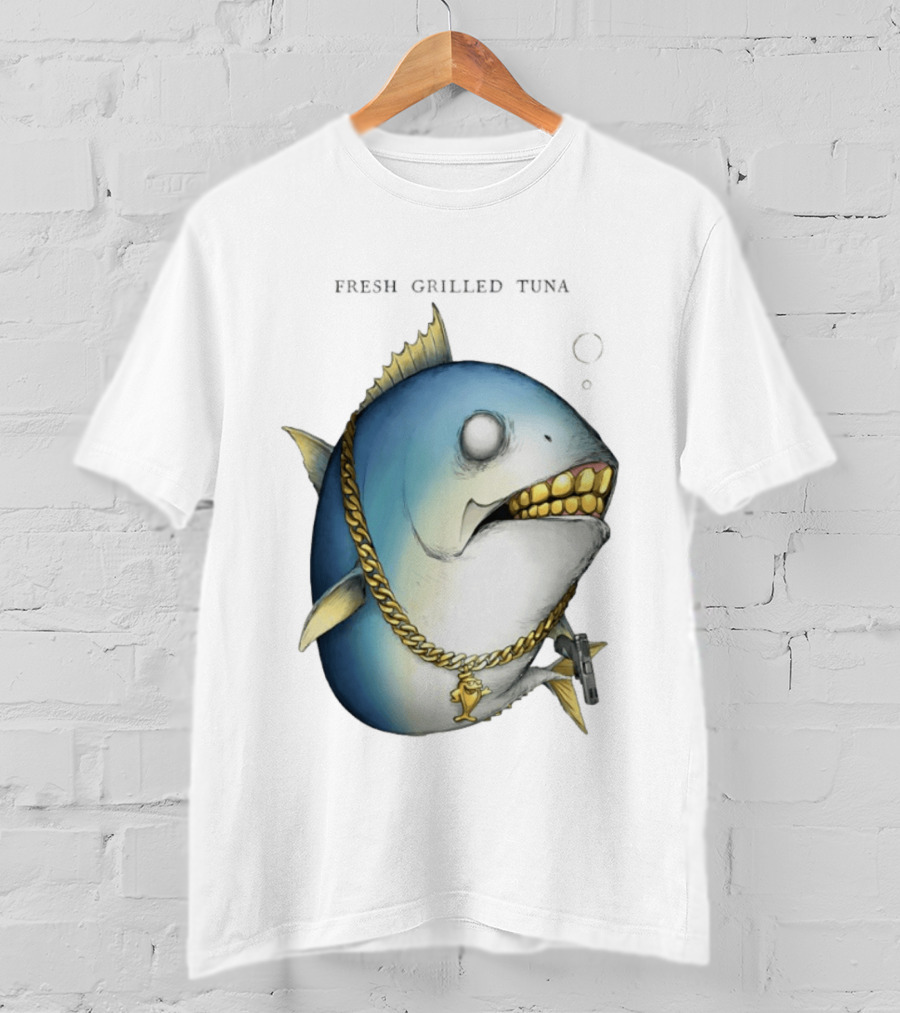 Fish Gun Fresh Grilled Tuna Gangster Chain Gold Teeth T-Shirt