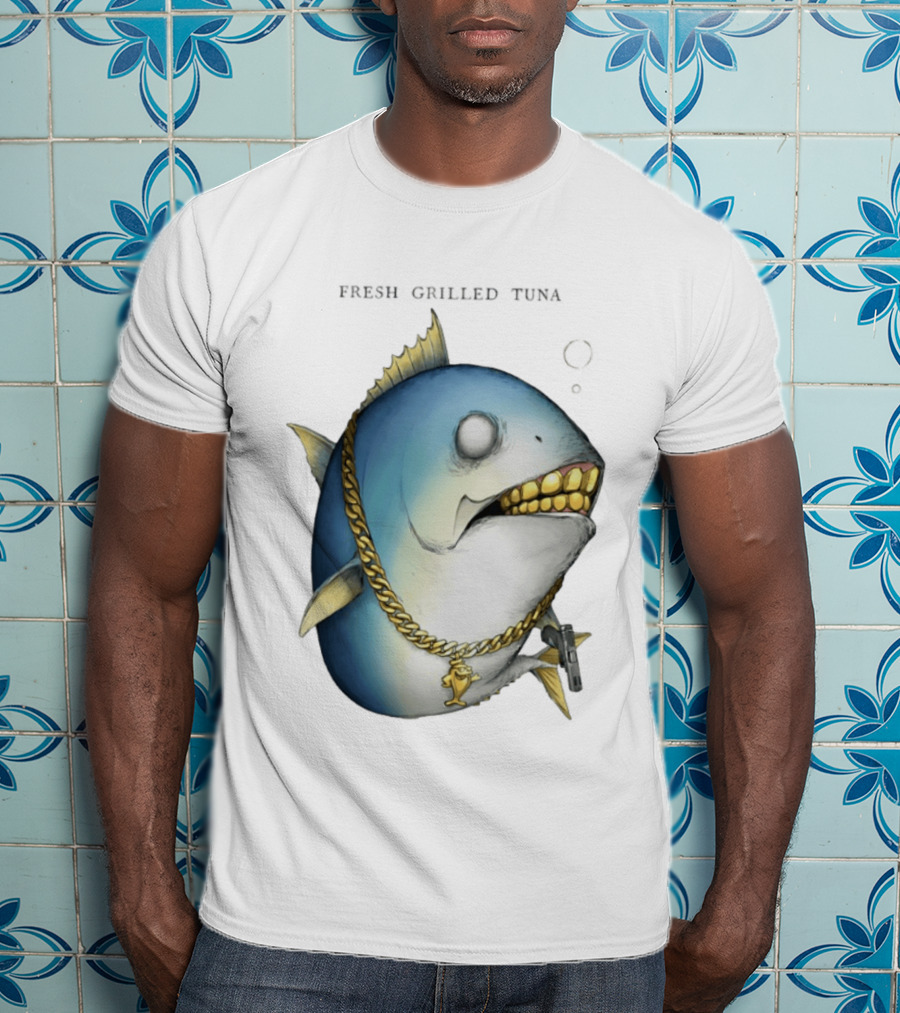 Fish Gun Fresh Grilled Tuna Gangster Chain Gold Teeth T-Shirt