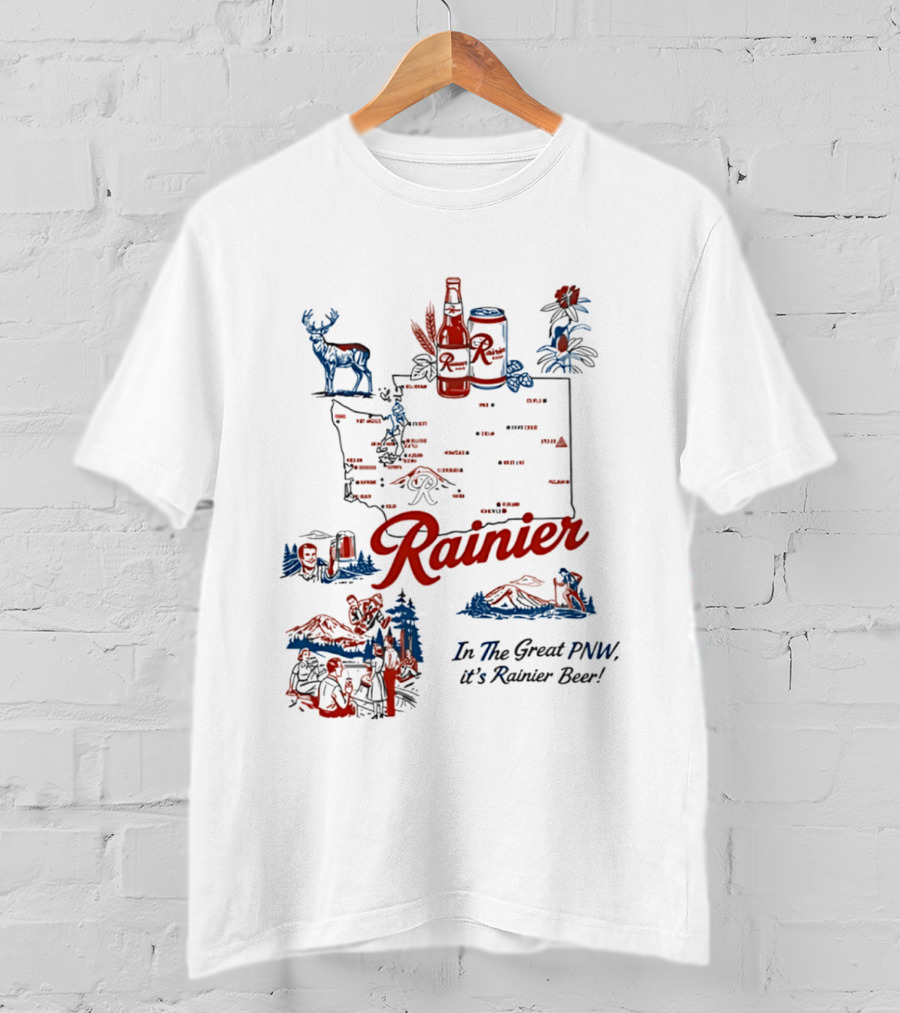 Rainier Beer In The Great PNW Rainier Beer Doodle Washington State Map Wilderness Scene T-Shirt
