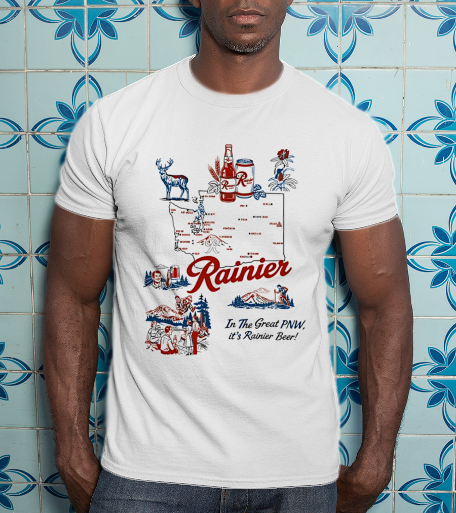 Rainier Beer In The Great PNW Rainier Beer Doodle Washington State Map Wilderness Scene T-Shirt