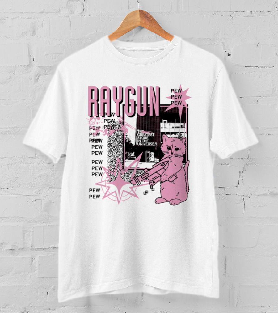 RAYGUN Cat Pew Pew Sci Fi Retro Feline Blaster Adventure T-Shirt