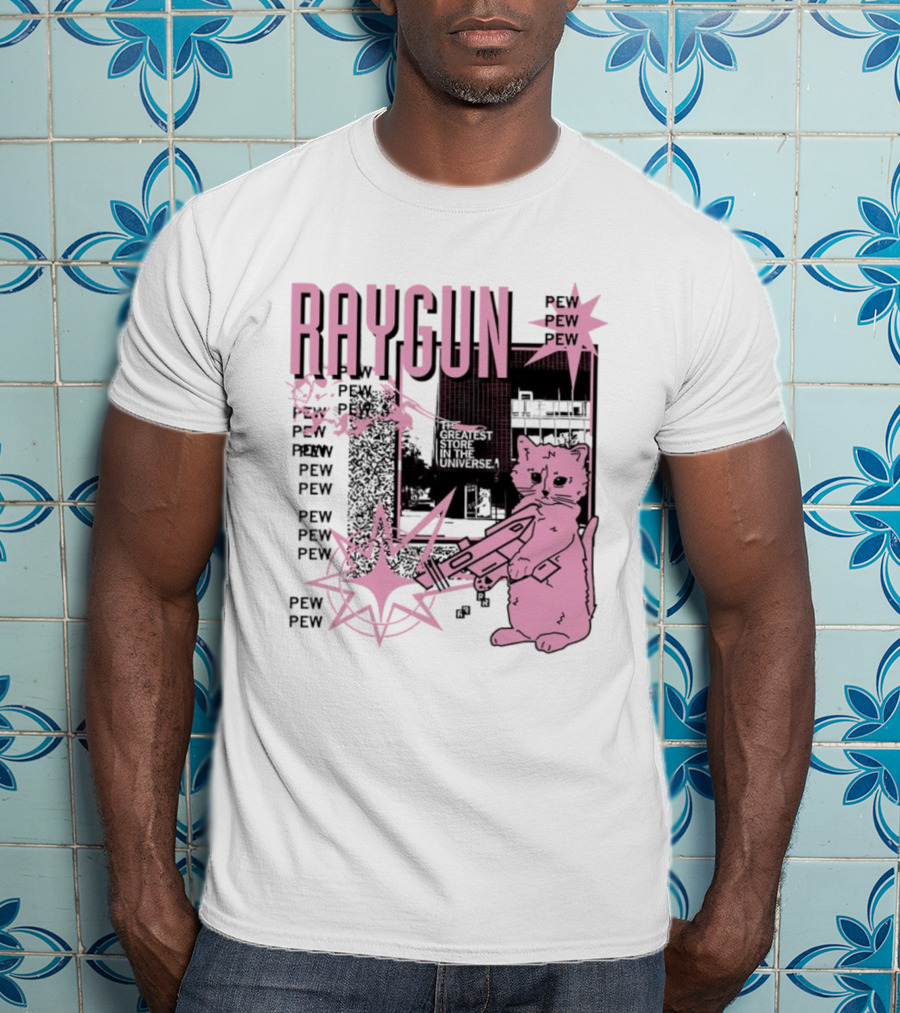 RAYGUN Cat Pew Pew Sci Fi Retro Feline Blaster Adventure T-Shirt