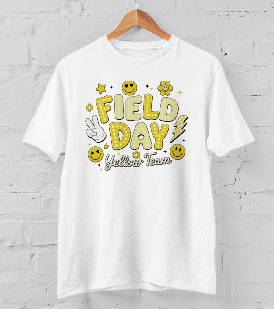 Field Day Yellow Team Smiley Faces Peace Sign Stars And Lightning Bolt T-Shirt
