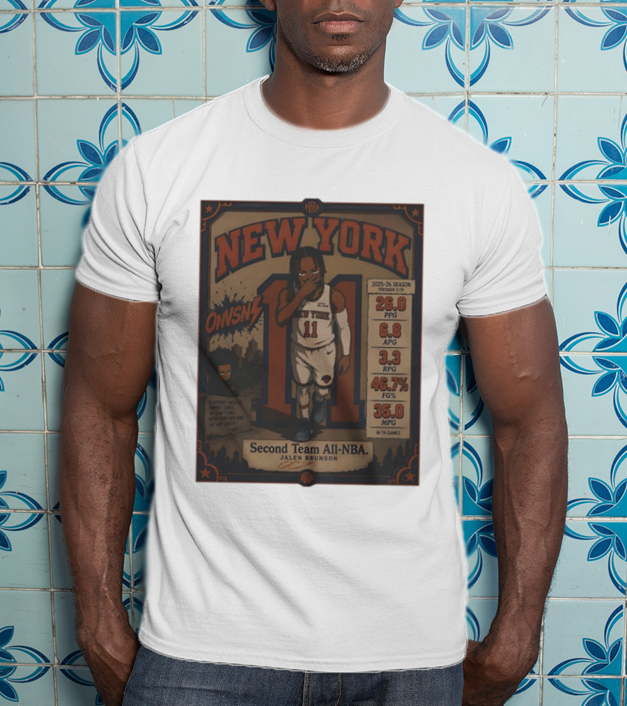 New York Knicks Jalen Brunson Second Team All NBA 2025 26 Season Stats And Animation T-Shirt