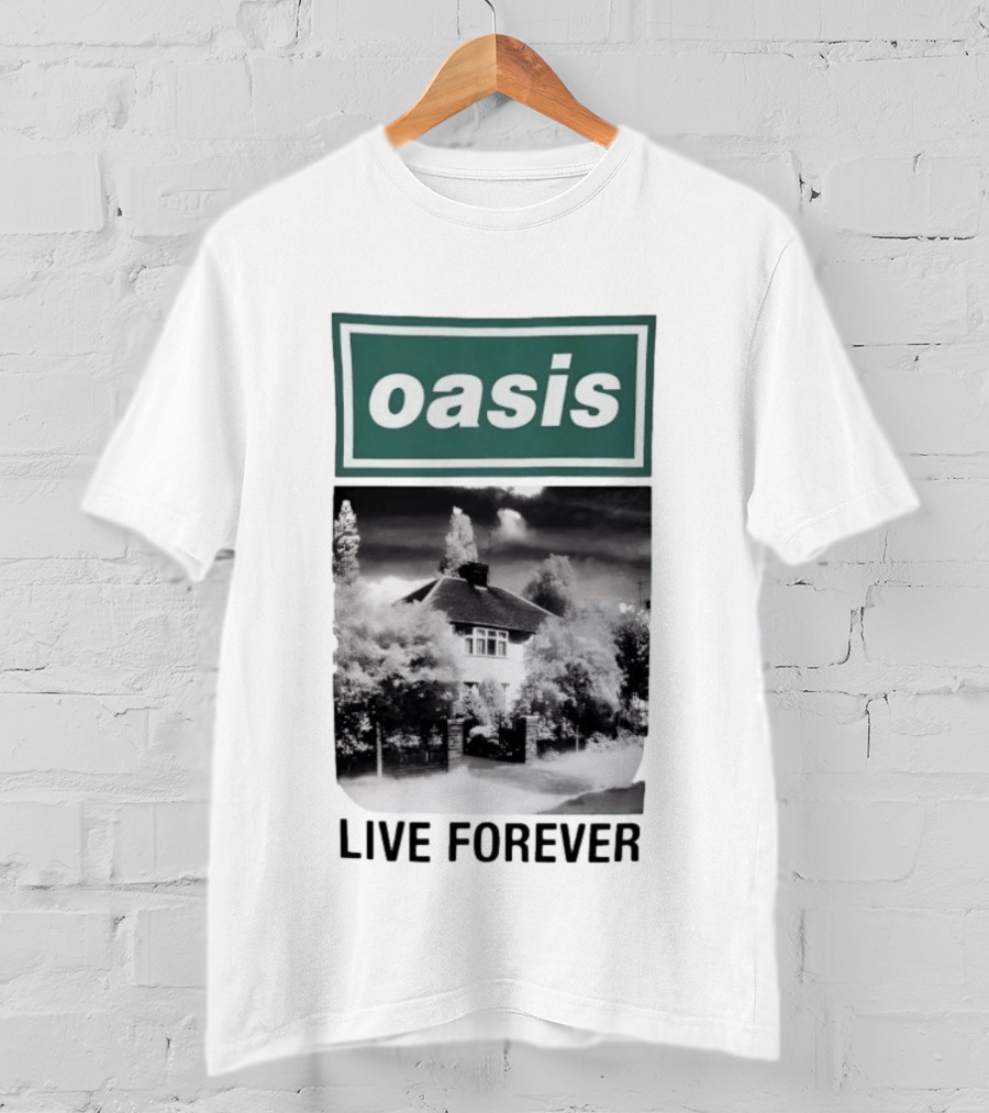 Oasis Live Forever Black And White House Image T-Shirt