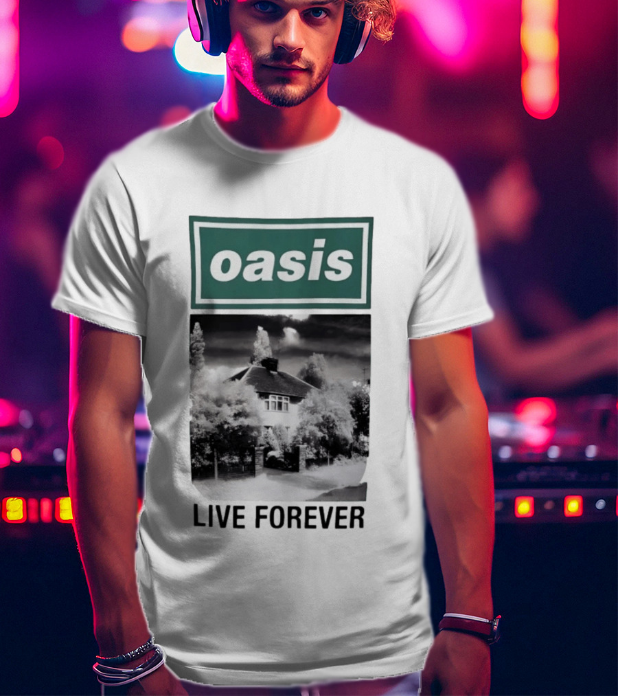 Oasis Live Forever Black And White House Image T-Shirt