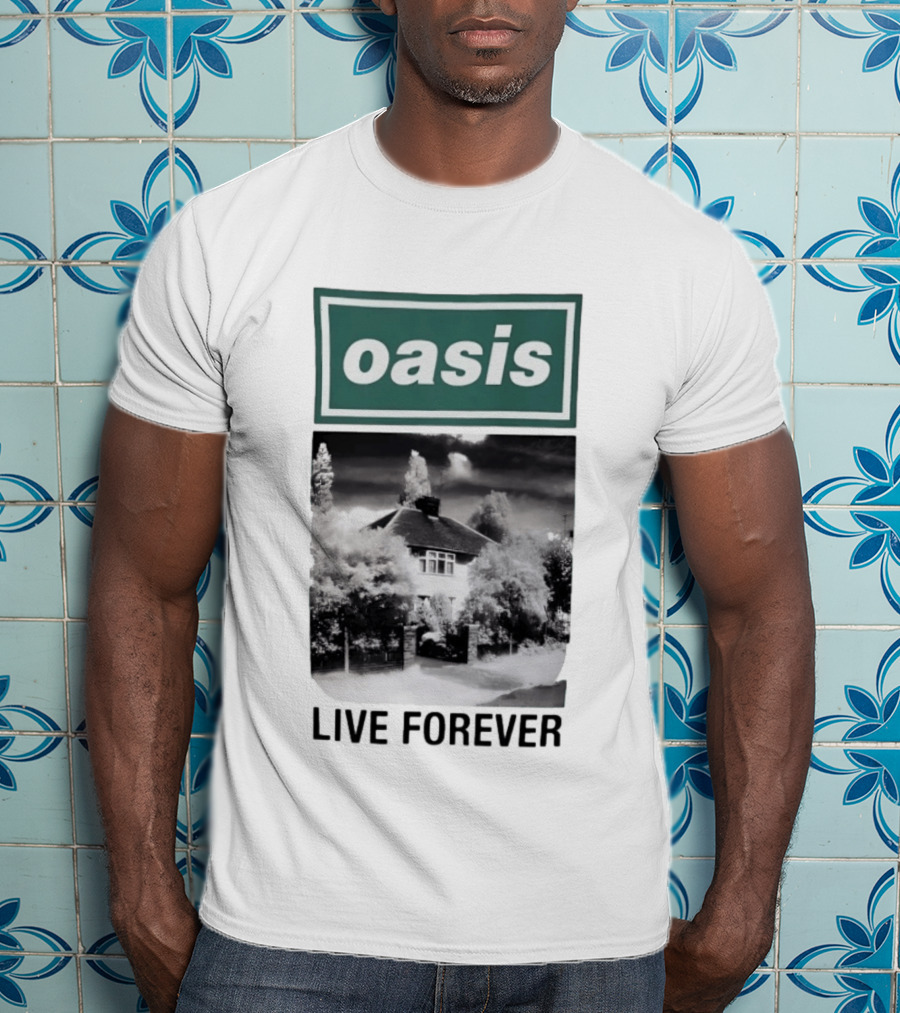 Oasis Live Forever Black And White House Image T-Shirt