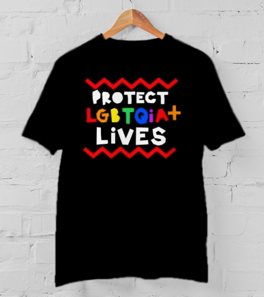 Protect LGBTQIA+ Lives Rainbow Letters With Red Zigzag Lines T-Shirt