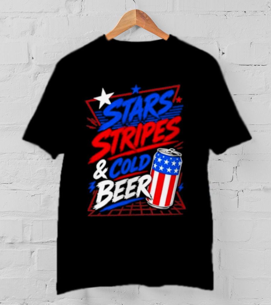 Stars Stripes And Cold Beer American Flag Can Patriotic Celebration T-Shirt