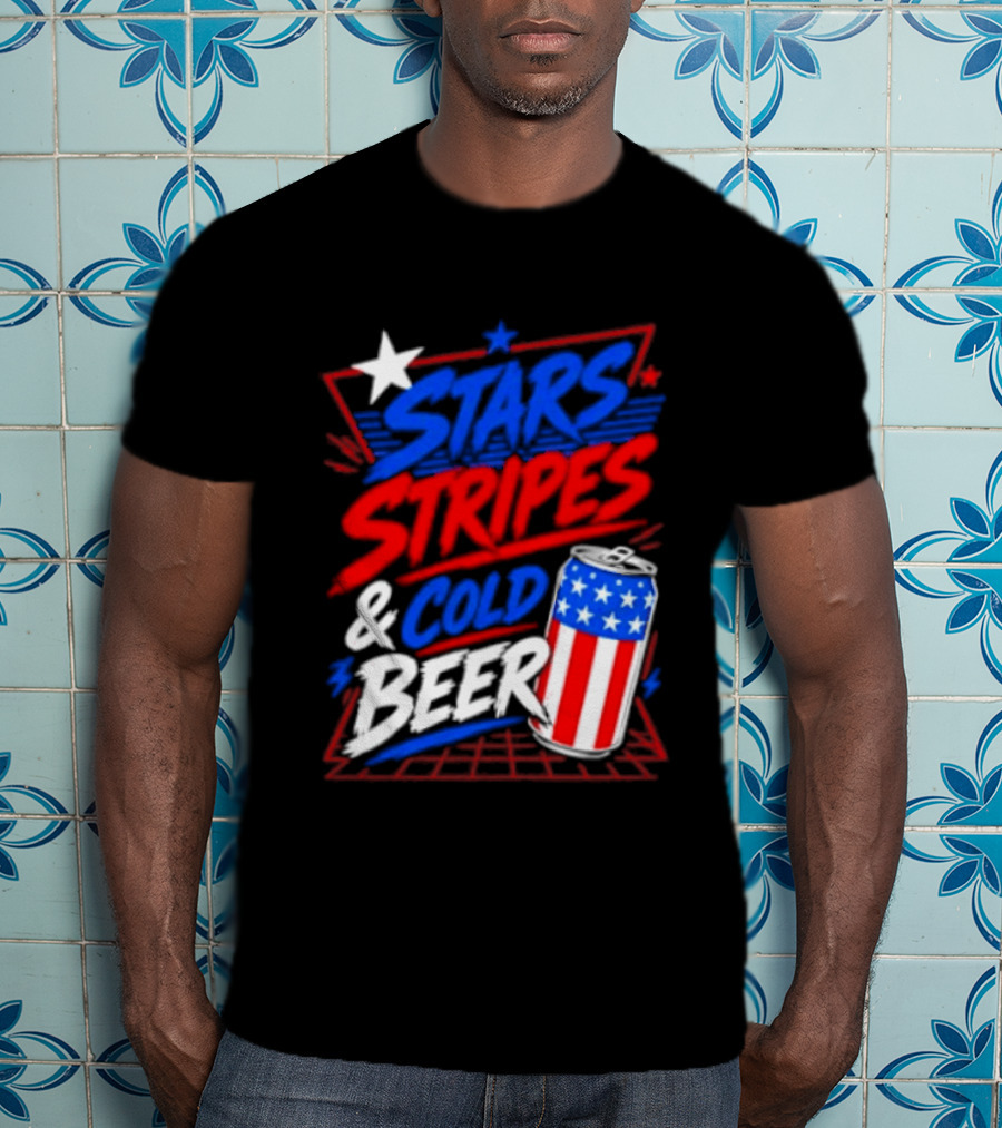 Stars Stripes And Cold Beer American Flag Can Patriotic Celebration T-Shirt