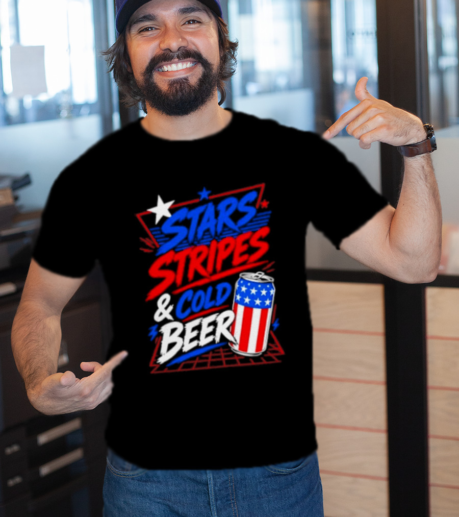 Stars Stripes And Cold Beer American Flag Can Patriotic Celebration T-Shirt