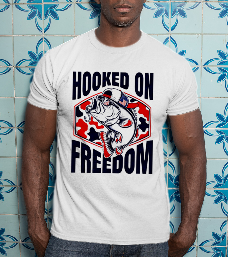 Hooked On Freedom Patriotic Fish Camo Hat T-Shirt
