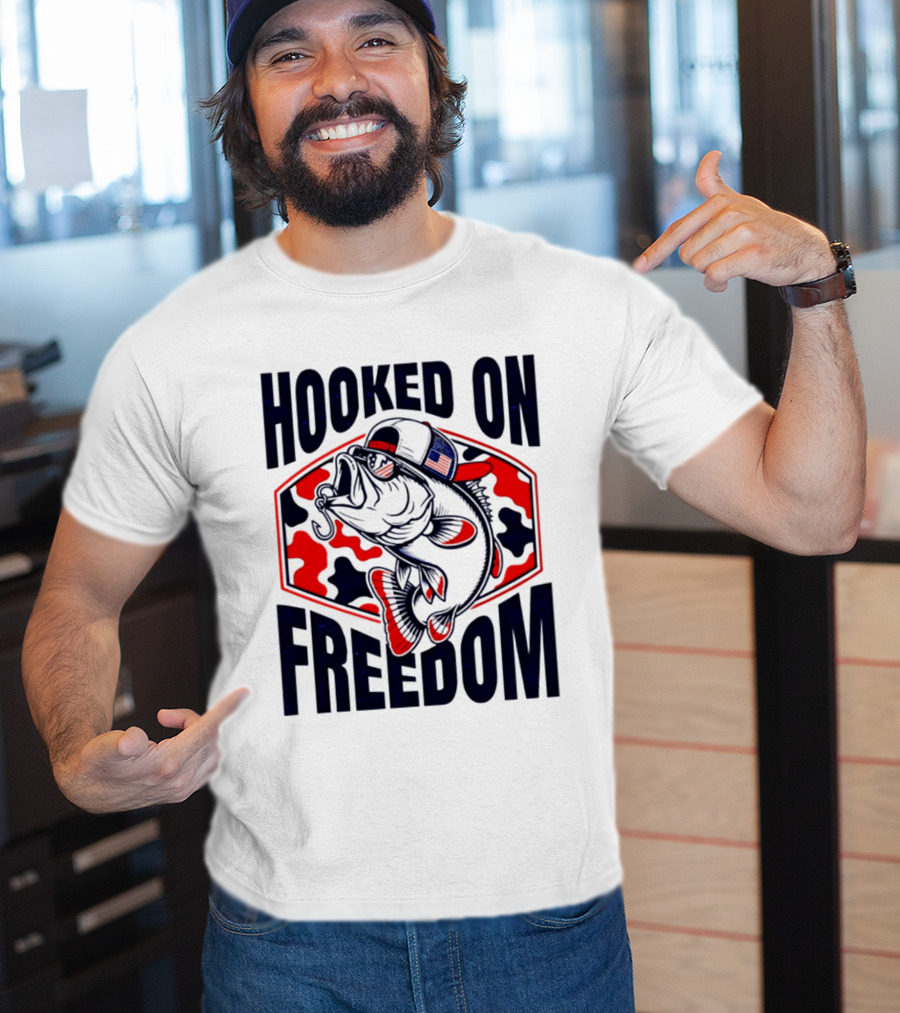Hooked On Freedom Patriotic Fish Camo Hat T-Shirt