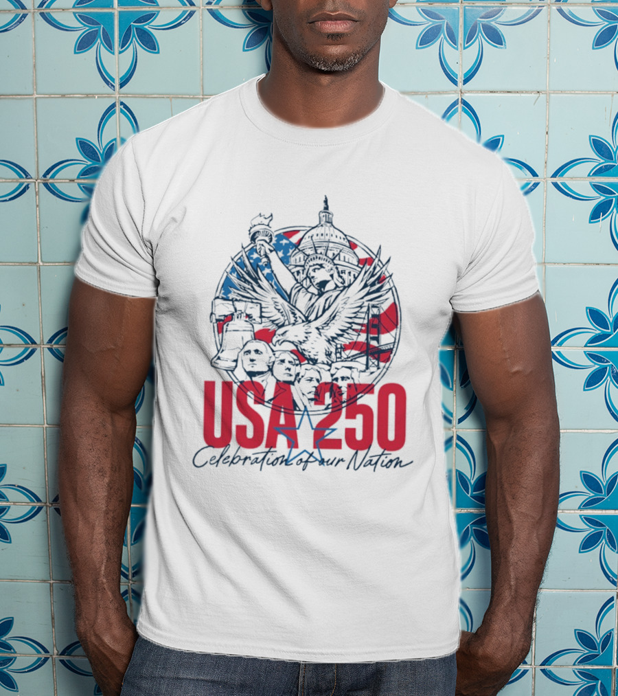 USA 250 Celebration Of Our Nation Symbols Liberty Capitol Eagle Mount Rushmore T-Shirt