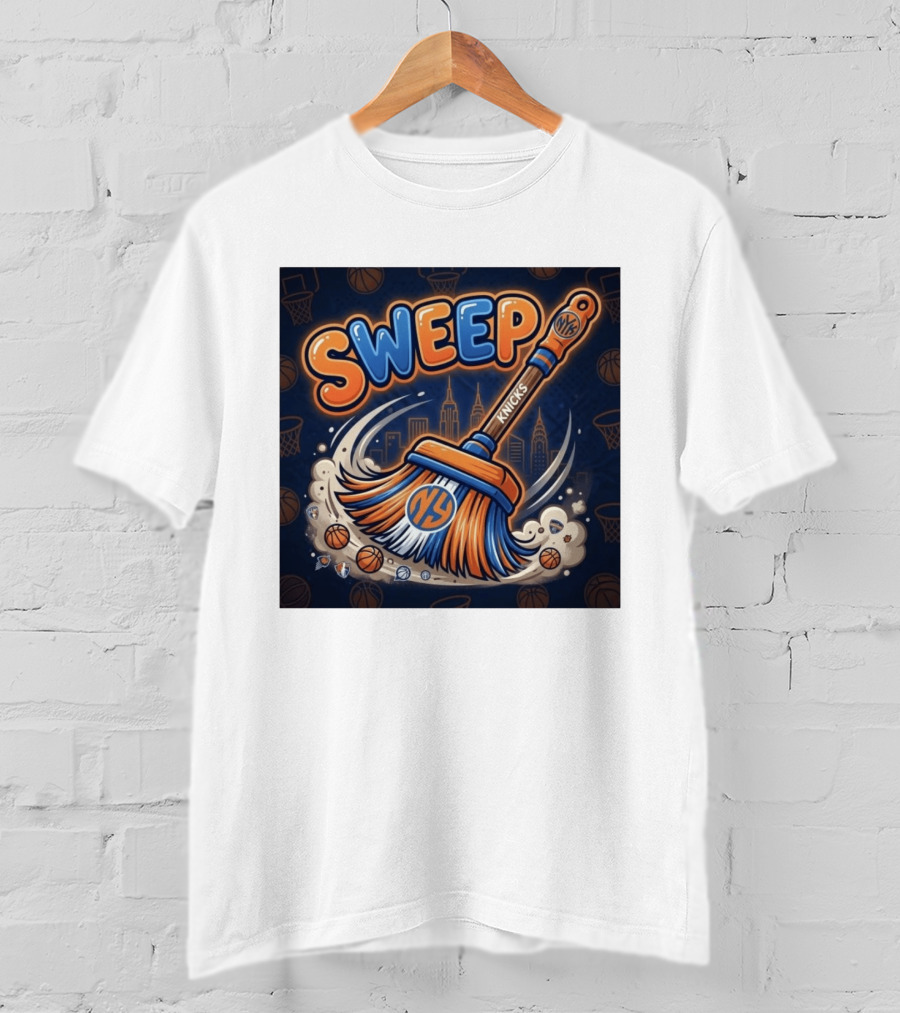 New York Knicks Sweep East Champs Basketball Skyline Broom T-Shirt