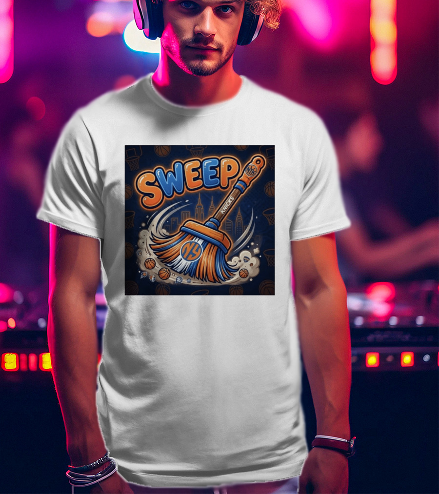 New York Knicks Sweep East Champs Basketball Skyline Broom T-Shirt