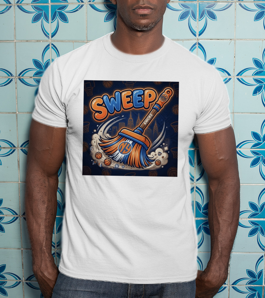 New York Knicks Sweep East Champs Basketball Skyline Broom T-Shirt