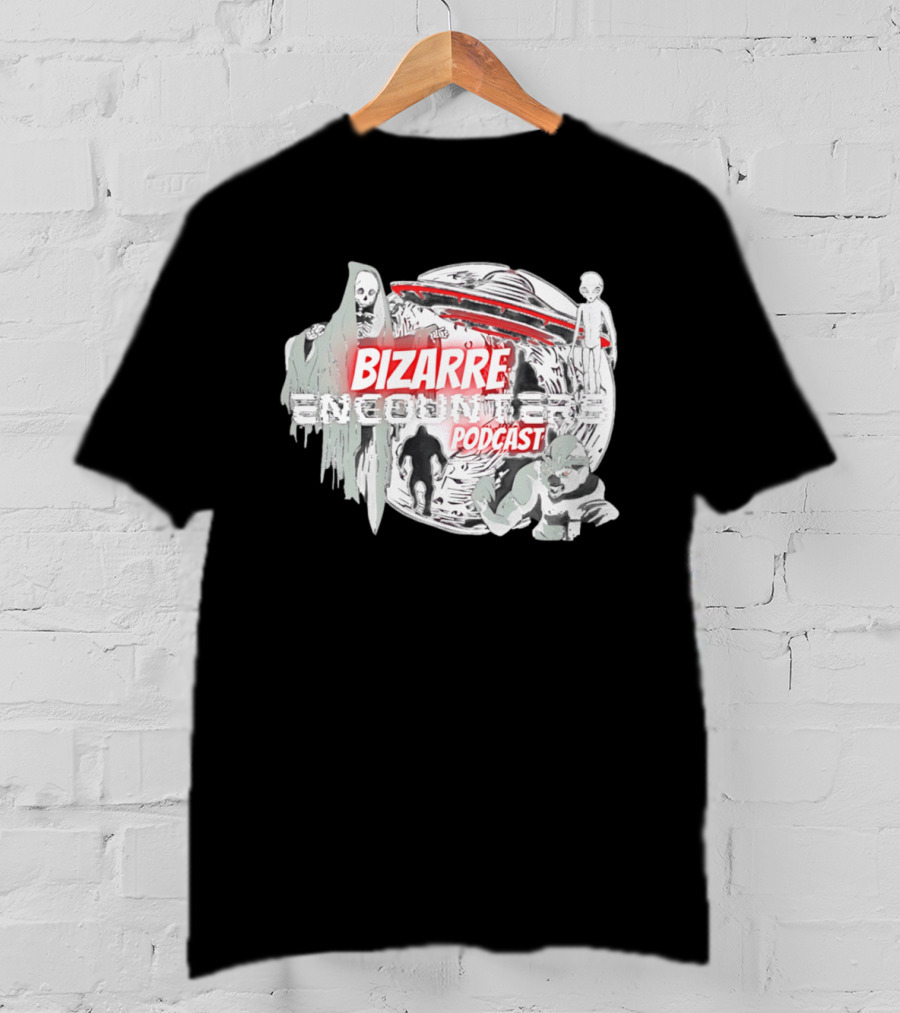 Bizarre Encounters Podcast UFO Aliens Skeletons Paranormal Illustrations T-Shirt