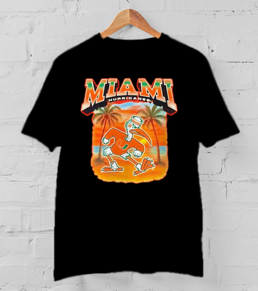 Miami Hurricanes Sebastian With Palm Trees And Sunset Beach Scene T-Shirt