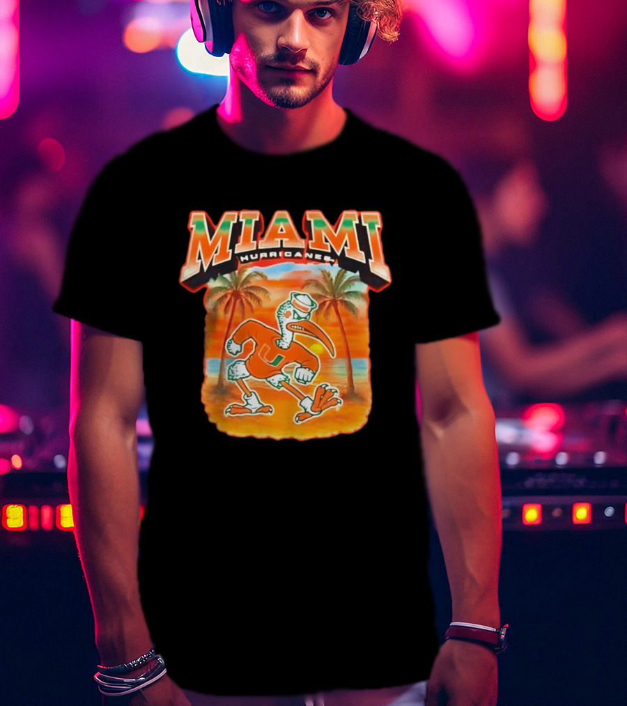 Miami Hurricanes Sebastian With Palm Trees And Sunset Beach Scene T-Shirt